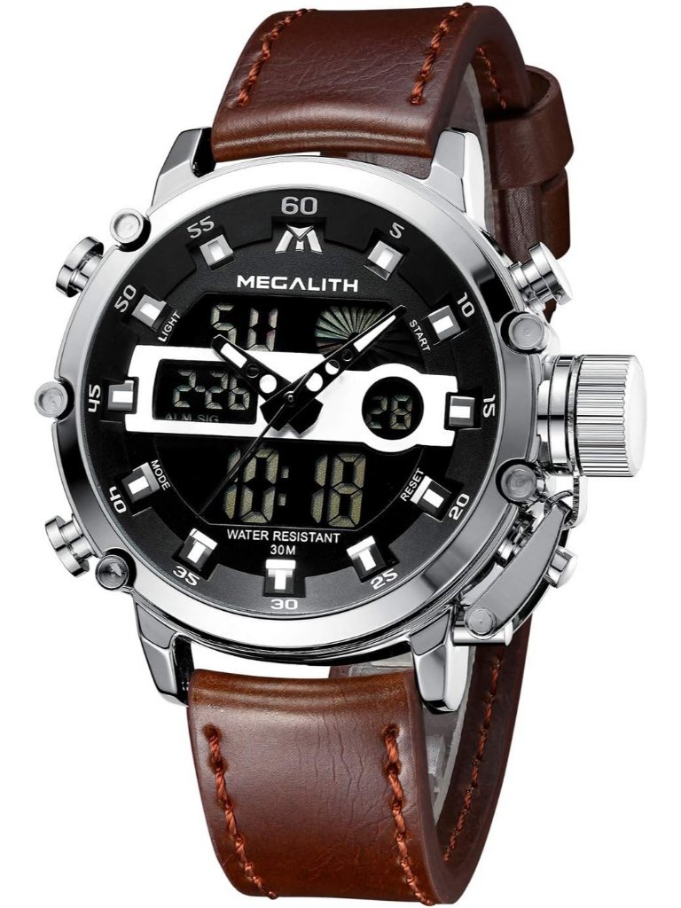 Mens Black And Brown Analog Leather Strap Waterproof Multifunction Digital Watch